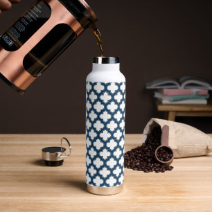 Wit en Navy Blue Trellis, Lattice, Quatrefoil Waterfles
