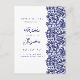 Wit en Navy   Elegante kant Save the Date Aankondigingskaart