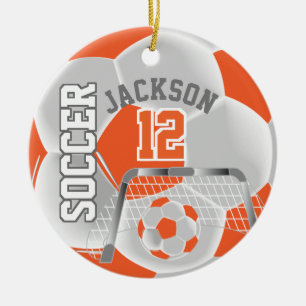 Wit en Oranje personaliseer Voetbal Keramisch Ornament