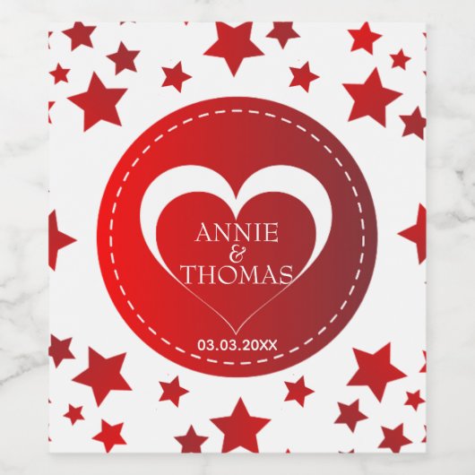 Wit en rood hart en sterren wijn etiket (Enkel label)