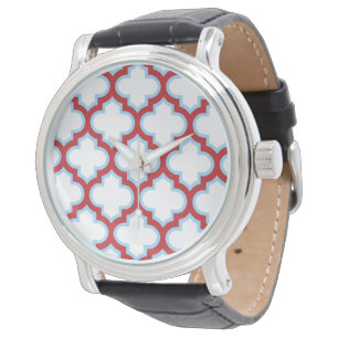 Wit en rood traliewerk, rooster, vierpas horloge