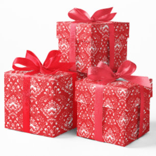 Wit en rood vintage bloemmotief damastpatroon cadeaupapier