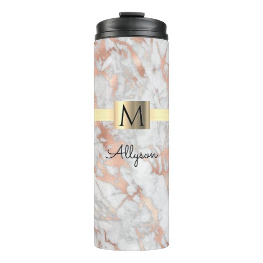 Wit en Roos Gold marmer, Gold Box Name & Monogram Thermosbeker (Voorkant)