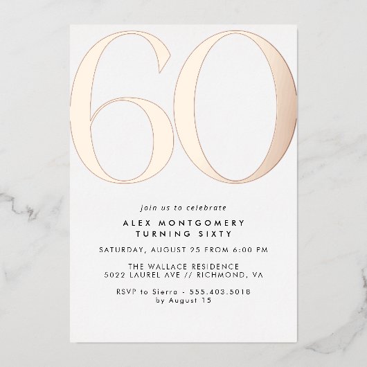 Wit en Roos Goud | Eenvoudige Glam 60th Verjaardag Folie Uitnodiging (Voorkant)