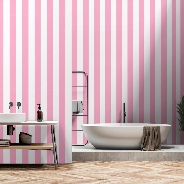 Wit en roze gestreepte klassieke peel en stick behang (Badkamer)