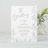 Wit en saga groen dik bruiloft Uitnodiging (Staand voorkant)