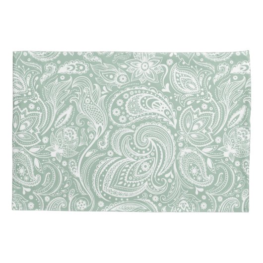 Wit en Sage-Green Paisley Patroon Kussensloop (Achterkant-Links)