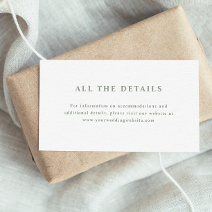 Wit en Sage Groen Elegante Tekst Trouwdetails Informatiekaartje