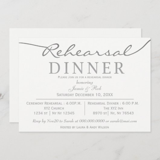 Wit en zilver Elegant Script Rehearsal Dinner Kaart (Voorkant / Achterkant)