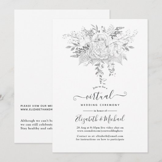 Wit en Zilver Rozen Virtuele bruiloft Kaart (Voorkant / Achterkant)