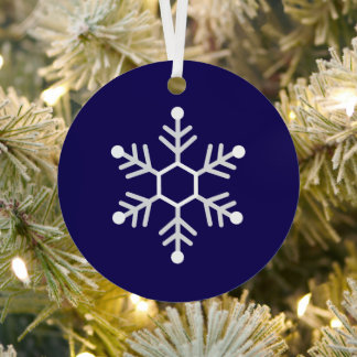Wit en Zilver Sneeuwvlok Kerstmis Donkerblauw Metalen Ornament