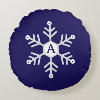 Wit en zilver sneeuwvlok Kerstmis initiaal blauw Rond Kussen