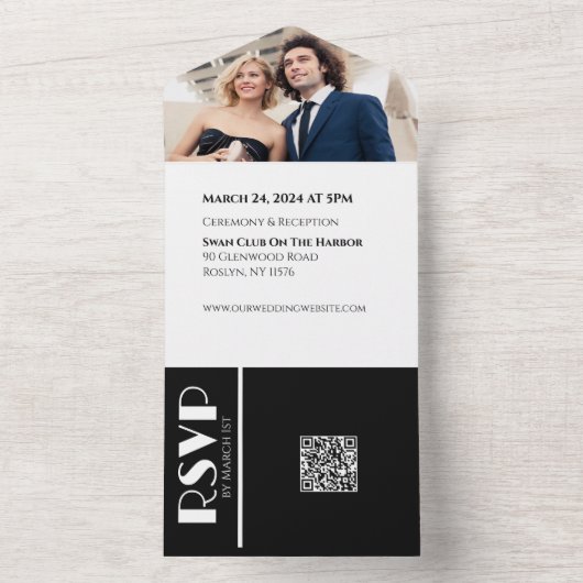 Wit en Zwart Affair-Trouwringen-Foto All In One Uitnodiging (Binnen)