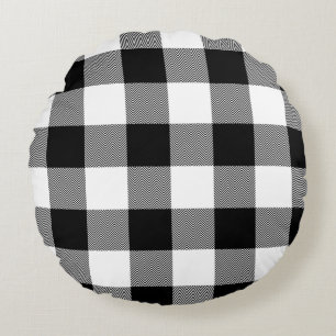 Wit en zwart Chevron Buffalo Plaid Rond Kussen