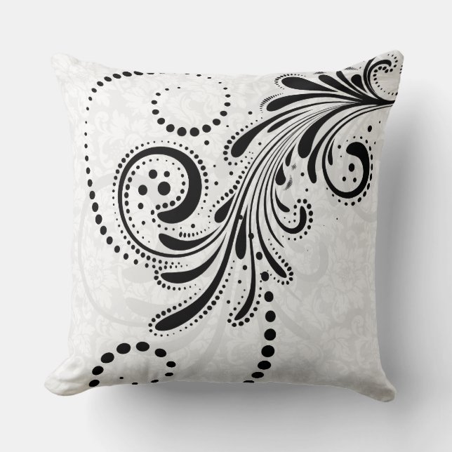 Wit en zwart Elegant Bloemen Swirl Kussen (Voorkant)