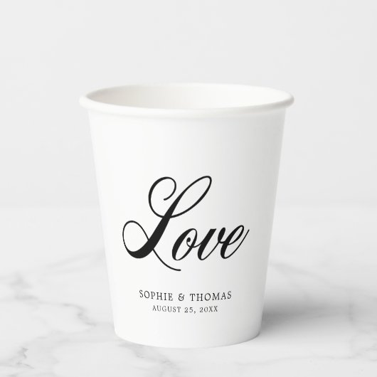 Wit en zwart Elegant Cursive Love Paper Cups Papieren Bekers (Voorkant)