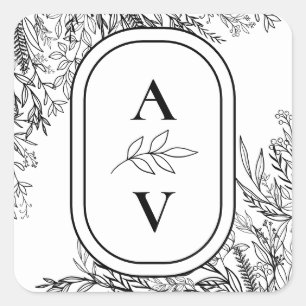 Wit en Zwart Groen Bruiloft Monogram Vierkante Sticker