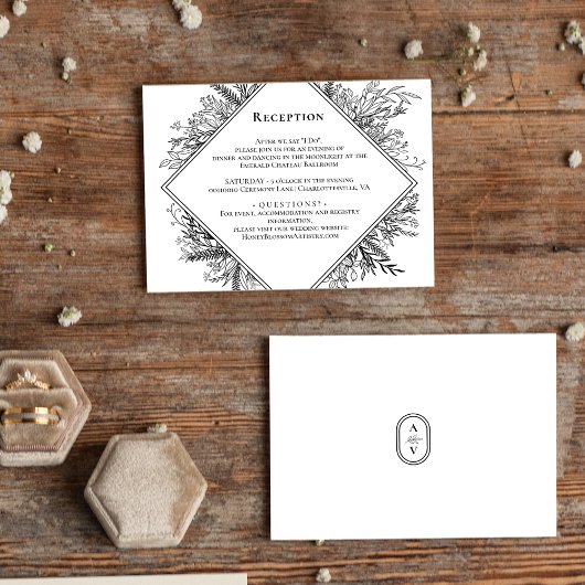 Wit en zwart groen bruiloft receptie informatiekaartje