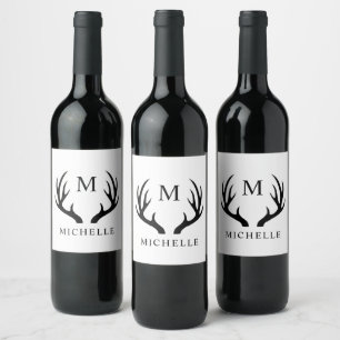 wit en zwart hertengewei monogram wijn etiket