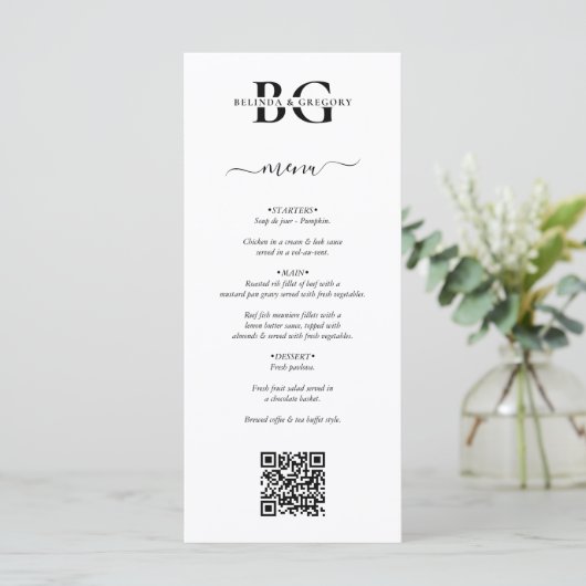 Wit en zwart Monogram Initialen QR Code Trouwen Menu (Staand voorkant)