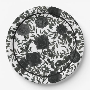 Wit en Zwart Roos Gotische Bruiloft Papier Borden Papieren Bordje