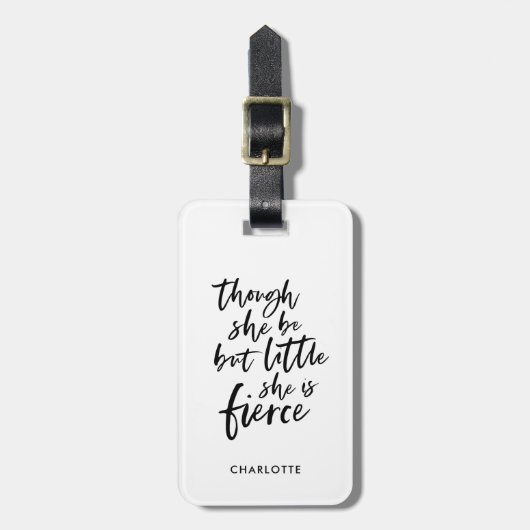 Wit en zwart script Little But Fierce Shakespeare Bagagelabel (Voorkant verticaal)
