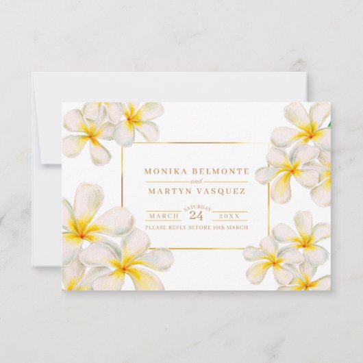 Wit geel goud frangipani bruiloft waterverf RSVP kaartje (Achterkant)