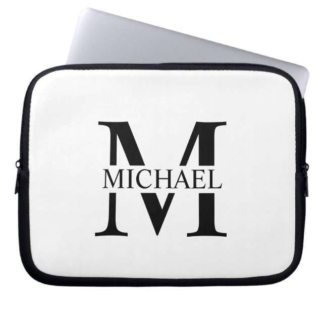 Wit Gepersonaliseerd Monogram en Naam Laptop Sleeve (Voorkant)