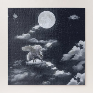 Wit gevleugeld paard: maanverlichte hemel. legpuzzel