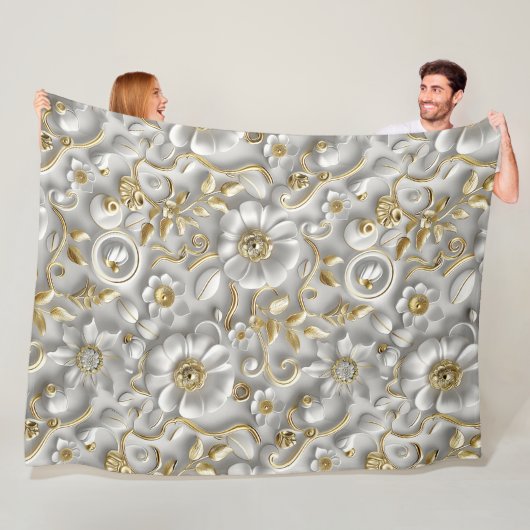 Wit & Goud 3D Bloemen Decoratief Patroon Fleece Deken (In situ)