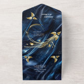 Wit & Goud abstracte bloemetjes op Simmery Blue Si All In One Uitnodiging (Buitenkant)