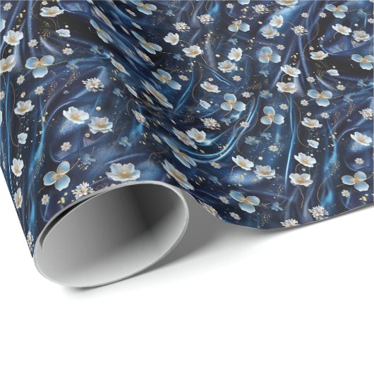 Wit & Goud abstracte bloemetjes op Simmery Blue Si Cadeaupapier (Rol Hoek)