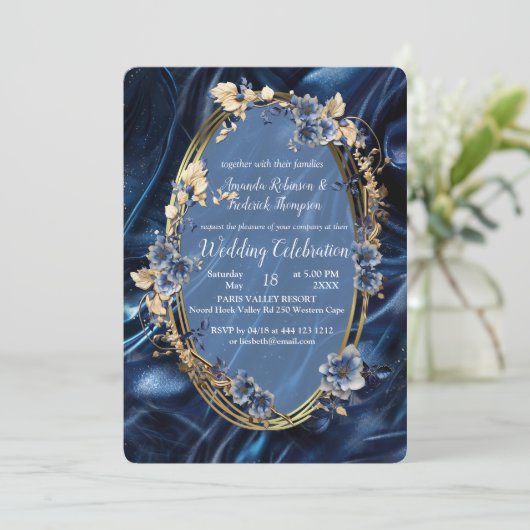 Wit & Goud abstracte bloemetjes op Simmery Blue Si Kaart (Staand voorkant)