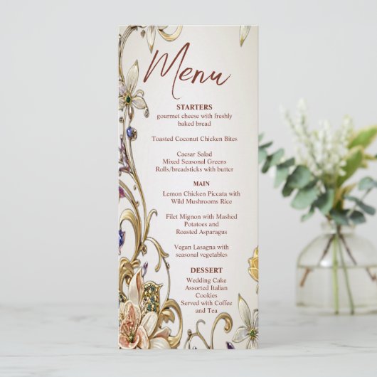 Wit Goud Bloemen Bruiloft Menu (Staand voorkant)