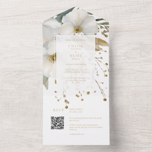 Wit & Goud Bloemen Foliage Waterverf Bruiloft All In One Uitnodiging (Binnen)