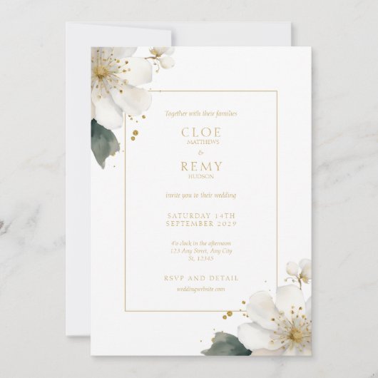 Wit & Goud Bloemen Foliage Waterverf Bruiloft In Kaart (Voorkant)