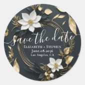 Wit Goud Bloemen Krans Bruiloft Save The Date Ronde Sticker (Voorkant)