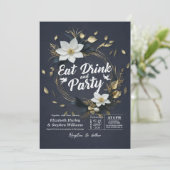 Wit Goud Bloemenkrans EAT Drink & Feestbruiloft Kaart (Staand voorkant)