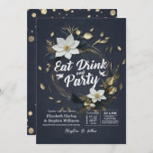 Wit Goud Bloemenkrans EAT Drink & Feestbruiloft Kaart (Voorkant / Achterkant)