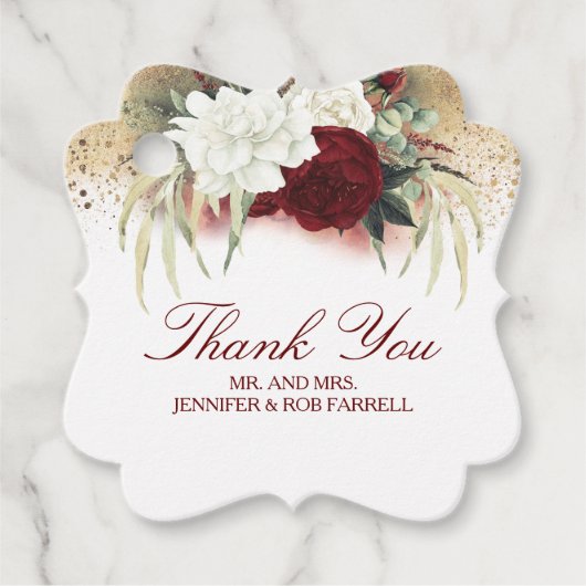 Wit Goud Bourgondië Rood Bloemen Moderne Bruiloft Bedankjes Labels (Voorkant)
