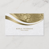 Wit & Goud Damast Dynamische lijnen Monogram Visitekaartje (Voorkant)