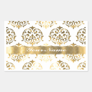 Wit & goud damast rechthoekige sticker