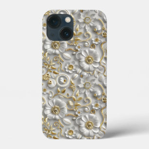 Wit Goud Decoratieve 3D Flora Bloemen iPhone 13 Mini Hoesje