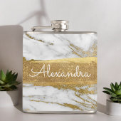 Wit Goud en Marmer met Gouden Folie en Glitter Heupfles