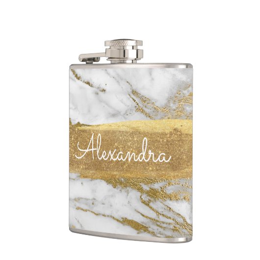 Wit Goud en Marmer met Gouden Folie en Glitter Heupfles (Links)