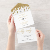 Wit & Goud Glitter Drip Bruiloft All In One Uitnodiging (Afscheurbaar)