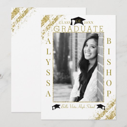 Wit & Goud Glitter Foto Afstuderen Afgestudeerd Kaart (Voorkant / Achterkant)