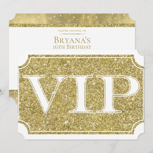 Wit & Goud Glitter Glam VIP-feestticket Kaart (Voorkant / Achterkant)