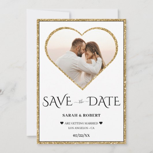 Wit & Goud Glitter Hart Foto Bruiloft Save The Date (Voorkant)