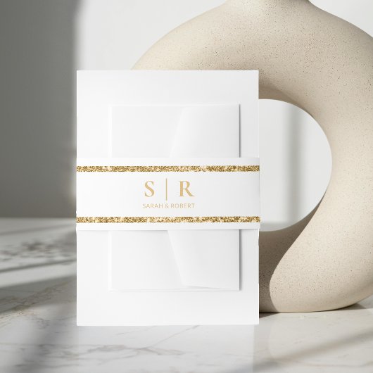 Wit & Goud Glitter Monogram Initiaal Bruiloft Uitnodigingen Wikkel